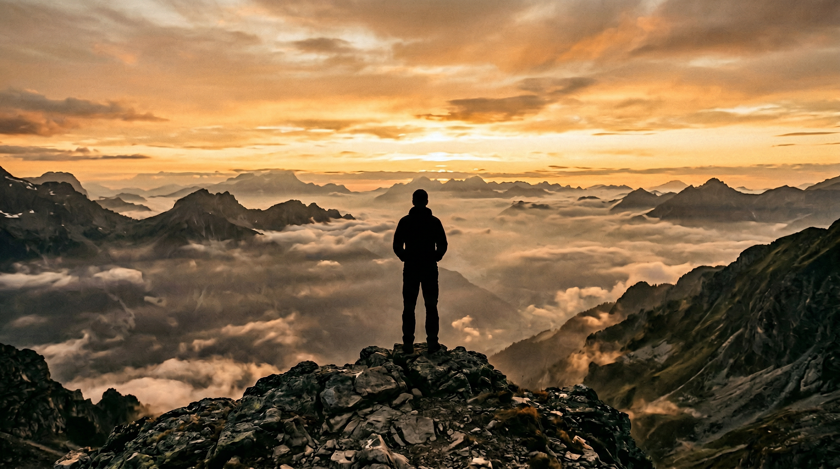 A solitary figure standing at a mountain ridge at golden hour, looking out over misty valleys
